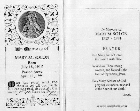 Mary M. Solon Funeral Card