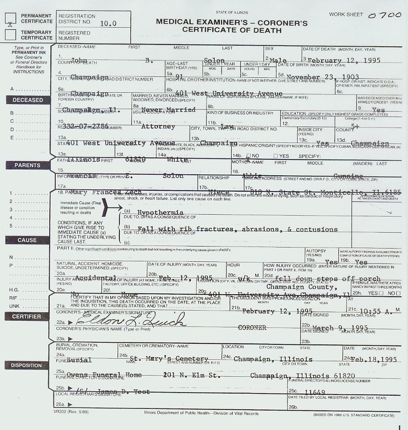 John B. SOLON Death Certificate