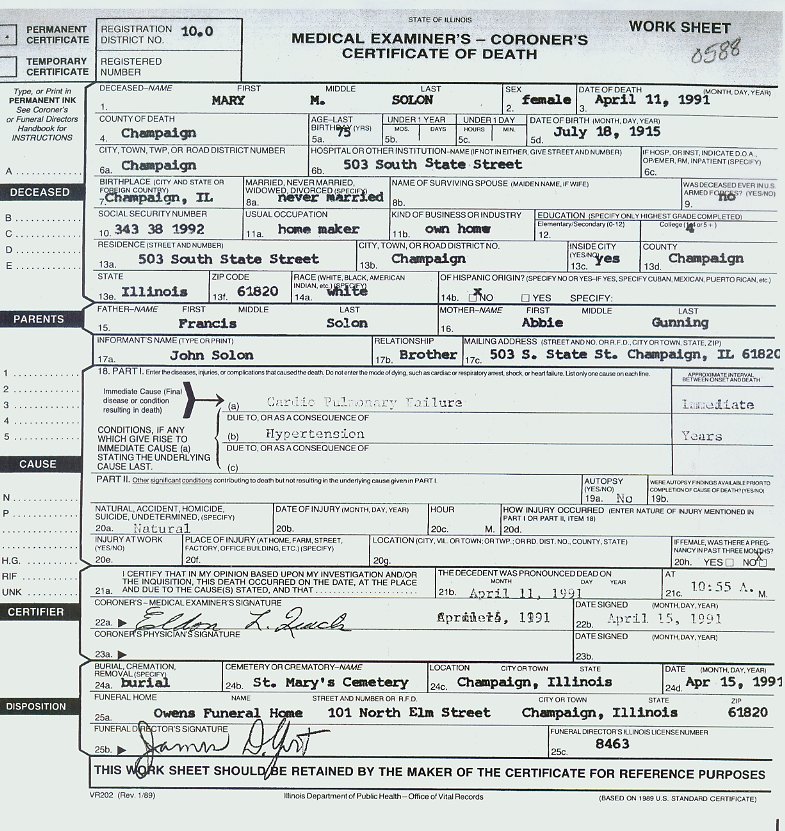 Mary M. SOLON Death Certificate