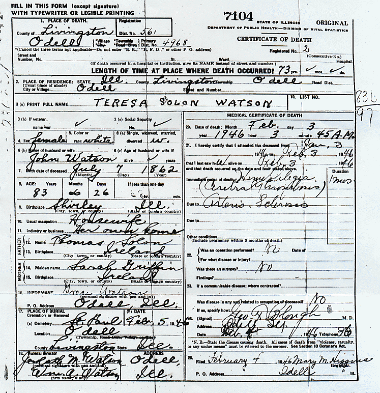 Teresa (SOLON) WATSON Death Certificate