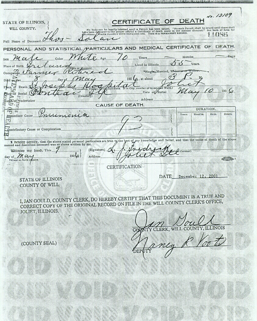 Thomas SOLON Death Certificate