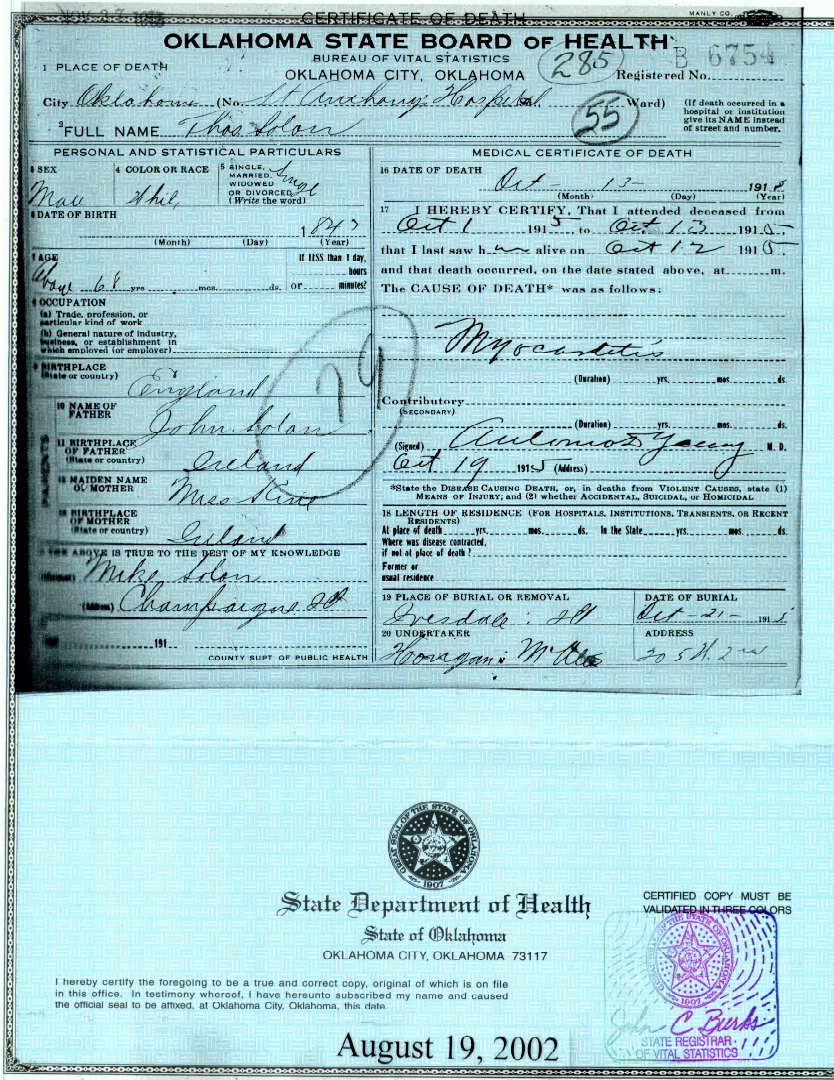 Thomas SOLON Death Certificate